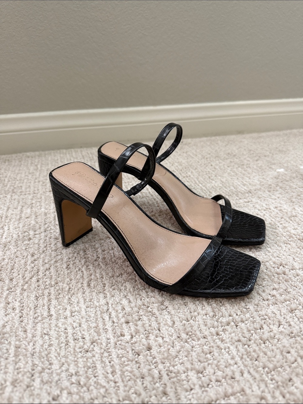 Black Croc-Embossed Square-Toe Heeled Sandals